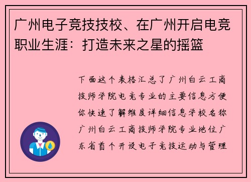 广州电子竞技技校、在广州开启电竞职业生涯：打造未来之星的摇篮